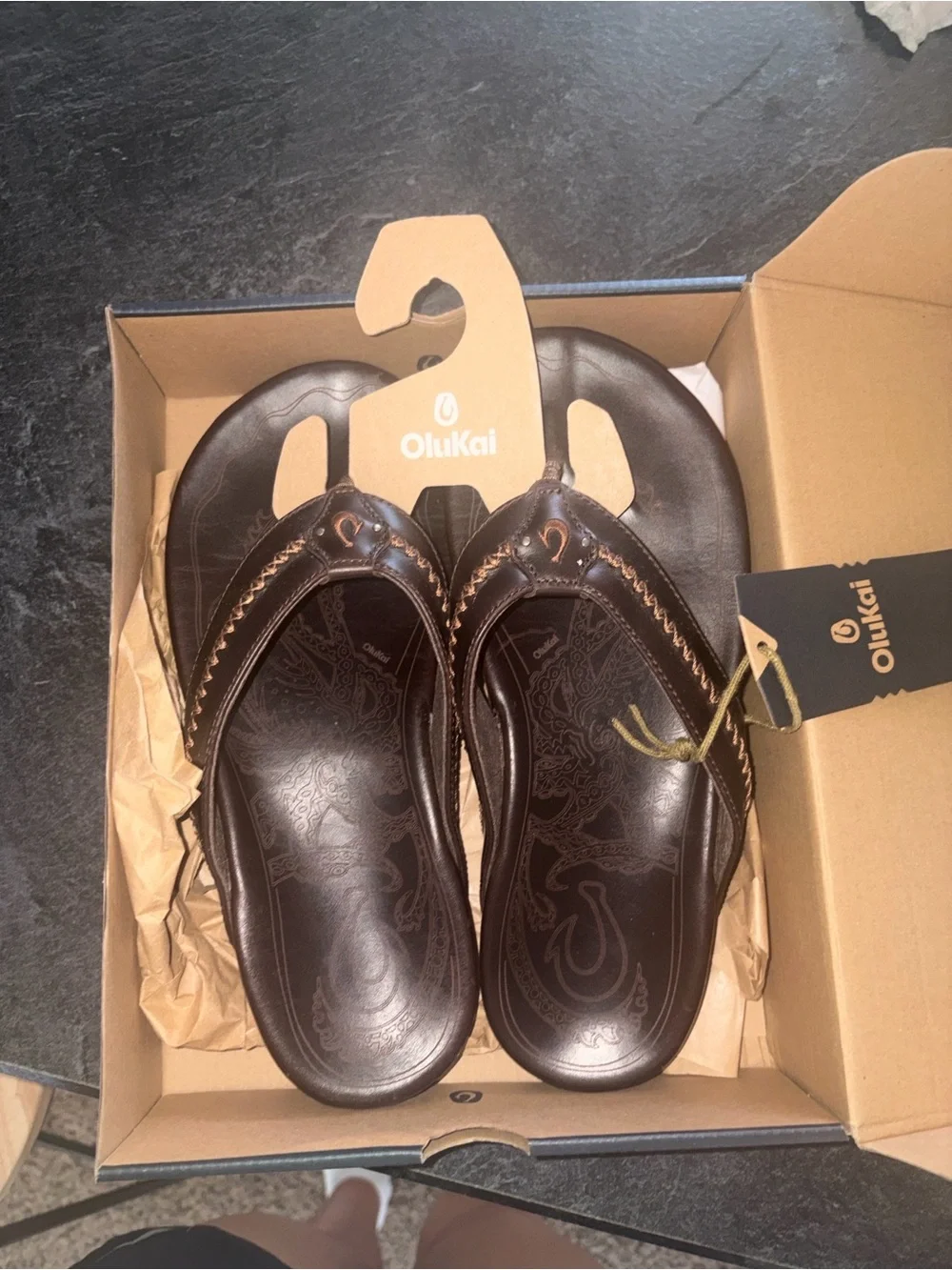 OluKai Mea Ola Dark Brown Leather Thong Sandals